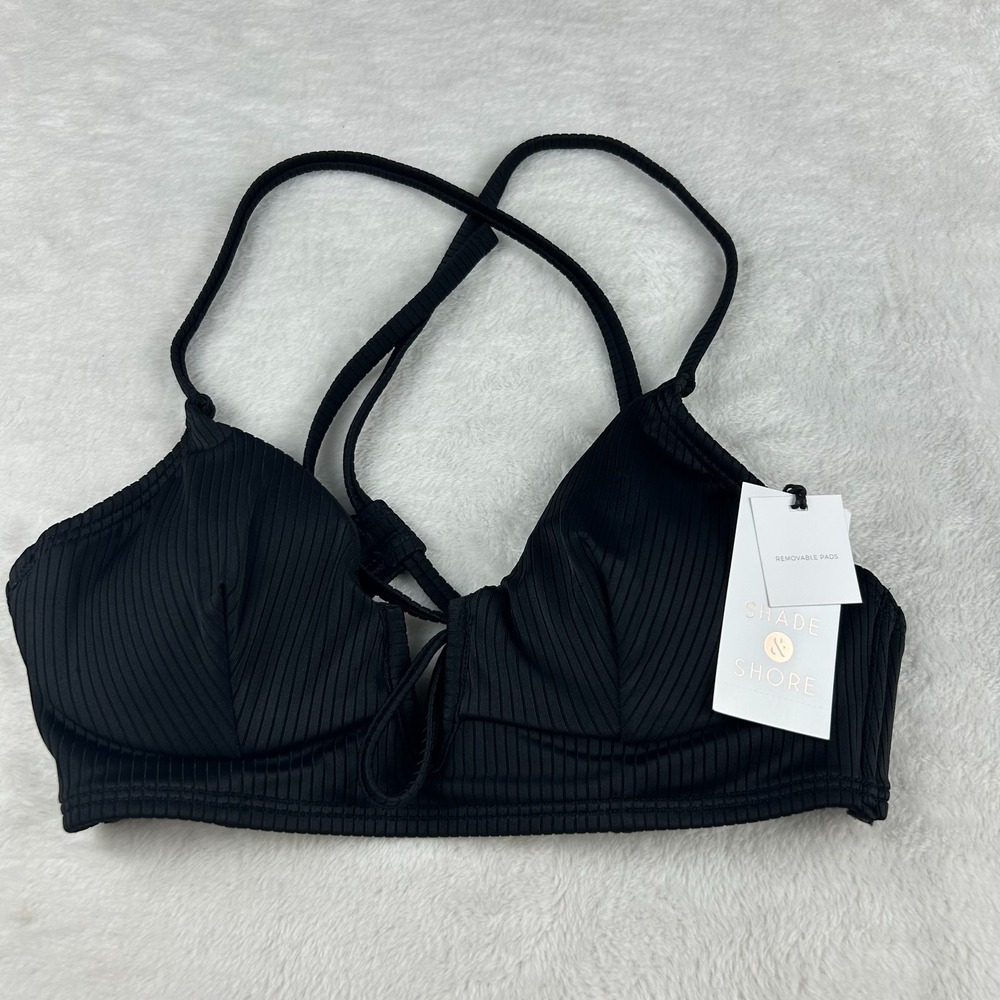 Shade & Shore Ribbed Longline V-Wire Bikini Top Womens 32B Black Removable Pads
